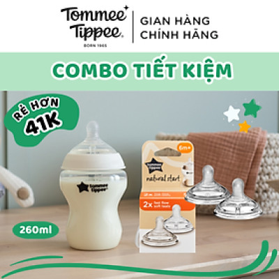 Combo Bình Sữa Tommee Tippee Natural Start Ty Siêu Mềm Tự Nhiên 260ml & Núm Ty Silicon Thay Thế 6M+