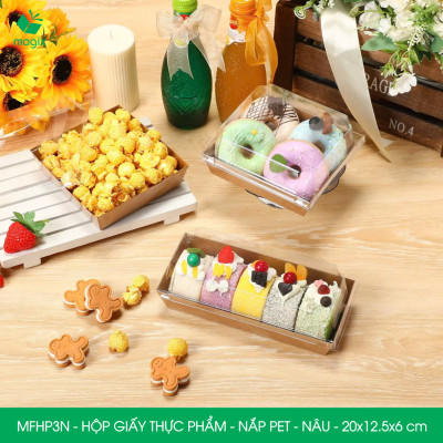 MFHP3N - 20x12.5x6 cm - 25 hộp giấy kraft thực phẩm màu nâu nắp Pet, hộp giấy chữ nhật đựng thức ăn, hộp bánh nắp trong
