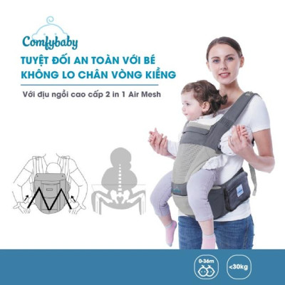 Địu ngồi trẻ em cao cấp siêu mềm 4 tư thế công nghệ Air Mesh thoáng khí - Comfybaby CF818 - tặng yếm tam giác
