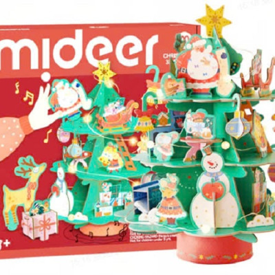 Đồ chơi Xếp Hình Cây Thông Noel Kèm Hộp Nhạc và Đèn Giáng Sinh Mideer Christmas Rotating Music 3D Puzzle 3+