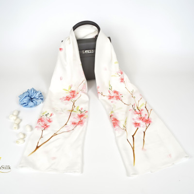 Khăn Lụa Tơ Tằm Vẽ Hoa Đào - SenSilk - Quà Tết Truyền Thống Việt Nam, Phụ Kiện Thời Trang Nữ Cao Cấp 160x55cm, Silk Painting Scarves, Tinh Hoa Làng Nghề, Top Fashionista Scarf For Women 