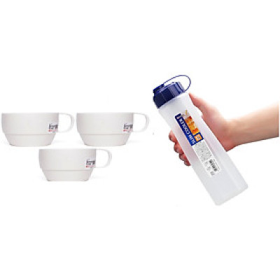 Combo 01 Bình đựng nước đa năng 1L (Màu trắng) + 03 Cốc nhựa uống nước Inomata 350ml có quai cầm - Nội địa Nhật Bản