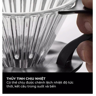 Phễu thuỷ tinh V60 rãnh thẵng đế nhựa đen CAFE DE KONA