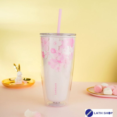 Ly Nhựa 2 Lớp Cherry Blossom Kèm Ống Hút LocknLock Dung Tích 750ML - HAP509 -Màu Trắng và Hồng