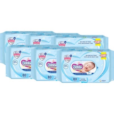 Combo Tiết Kiệm: 6 Gói Khăn Ướt Bobby Care Bổ Sung 80 Miếng/Gói