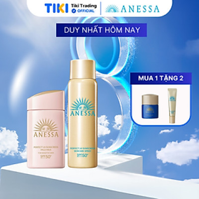 Bộ đôi Kem chống nắng dạng sữa dịu nhẹ cho da nhạy cảm và trẻ em + Kem chống nắng dạng xịt dưỡng da bảo vệ hoàn hảo (Anessa Mild Milk 60ml + Gold Spray 60g)