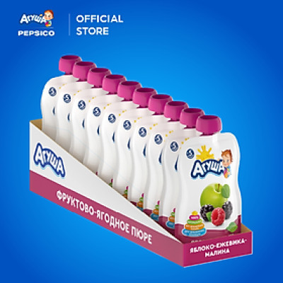 Thùng 10 Gói Trái cây nghiền vị táo, mâm xôi đen và mâm xôi đỏ Agusha 90g/gói dành cho bé từ 6 tháng trở lên
