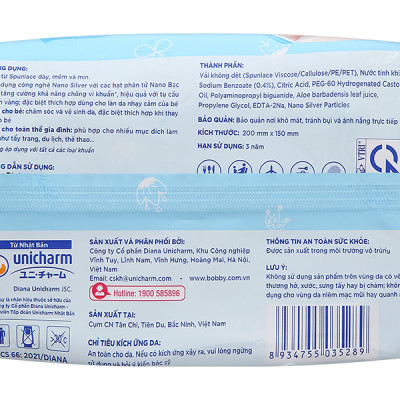 Khăn ướt Bobby NANO Bạc kháng khuẩn gói 100 tờ không hương