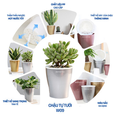 Chậu tự tưới W09 Monrovia, chất liệu nhựa PP, thiết kế tráng bạc sang trọng, màu sắc tinh tế