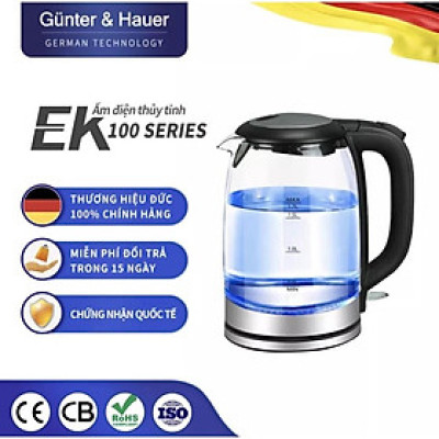 Günter & Hauer Bình Đun Siêu Tốc Bình Trà Điện Thủy Tinh 1,7L LED Dây Đèn Vòng Xanh và Thiết Bị Điều Khiển EK100 - Hàng chính hãng