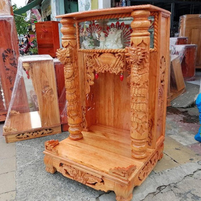 Bàn Thờ thần tài Ông Địa Gỗ Xoan ngang 60cm Hộp Đèn