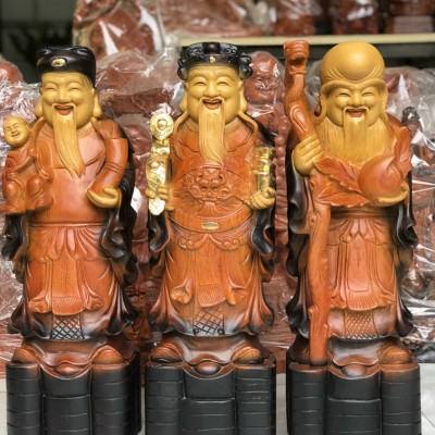 Bộ tượng phật tam đa phúc lộc thọ bằng gỗ hương đá tô làm mầu giả cổ kt 50×17×15cm