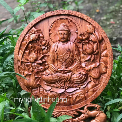 Đĩa khắc phật adi đà bằng gỗ hương đá kt 30cm