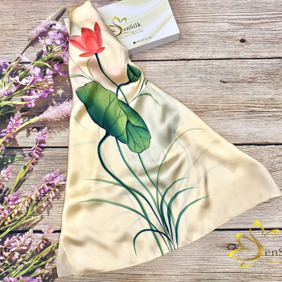 Khăn Lụa Vẽ Tay SenSilk Limited - Mẫu Hoa Sen (Nude - Hồng - Xanh), Quà Tặng Đẳng Cấp Silk Painting 180x55cm, Lụa Tơ Tằm Bảo Lộc Cao Cấp