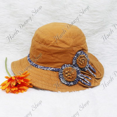Nón rộng vành nữ gắn hoa 2 hoa vành rộng 7cm, kết tít xung quanh hoa, chất liệu vải cotton oát cao cấp - Hạnh Dương