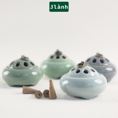 Lư Xông Nụ Trầm Hương Gốm Sứ Nắp Đồng Hoa Văn Cổ - Dùng Đốt Nụ Trầm Phong Cách Thiền Thuần Việt