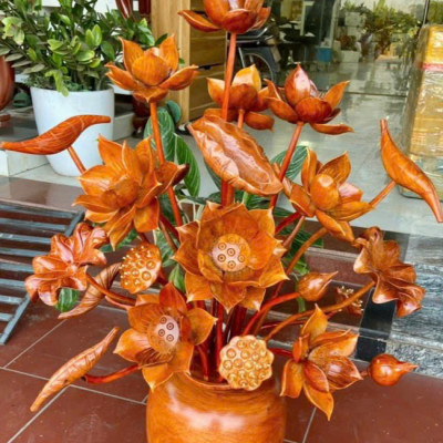 2 bình hoa sen 25 bông phong thủy trang trí phòng khách phòng thờ bằng gỗ hương đá cực đẹp 