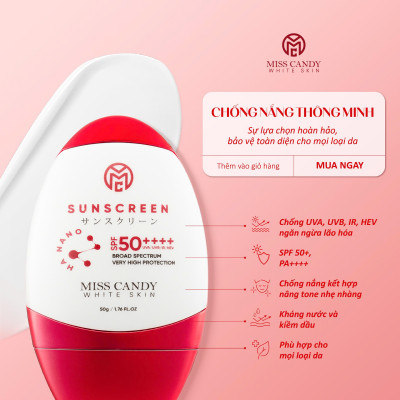 Kem Chống Nắng Song Kháng Nhật Bản MISS CANDY SUNSCREEN HA NANO SPF 50,PA ++++ 50g, Chống Nước, Chống UVA/UVB, Chống Ánh Sáng Xanh & Tia Hồng Ngoại,Bảo Vệ Da Lên Đến 8 Tiếng - PHỤNG BEAUTY