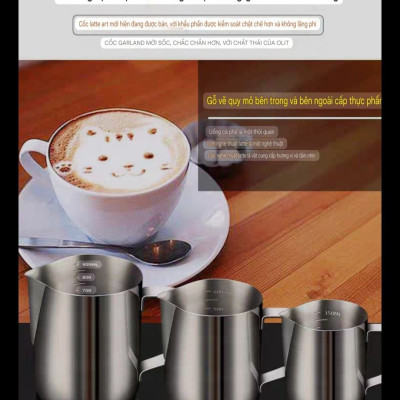 Ca đánh sữa pha chế đồ uống dành cho nhà hàng khách sạn quán bar  - ca inox 304 đánh sữa có quai, chia vạch CNC dõ nét chính sác dành cho cà phê Cappuccino/Latte