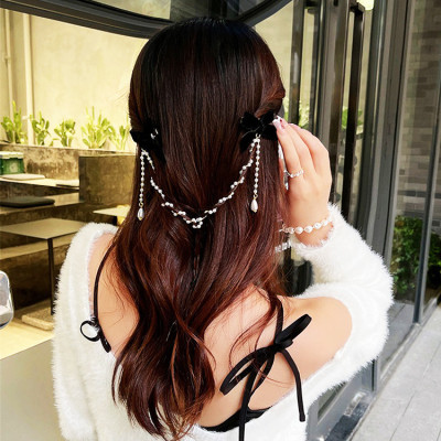 Ghim cài tóc kẹp tóc phối xích và nơ điệu đà phong cách tiểu thư Hàn Quốc đeo được nhiều kiểu
