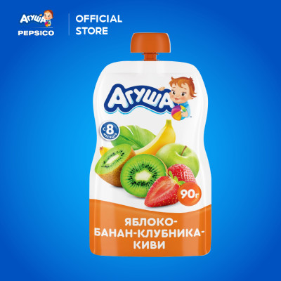 Thùng 10 Gói Trái cây nghiền vị táo, chuối, dâu tây và kiwi Agusha 90g/gói dành cho bé từ 8 tháng trở lên