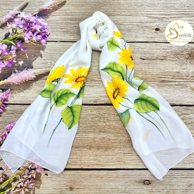 Khăn Lụa Vẽ Tay Hoa Hướng Dương 160x55 SenSilk - Quà Tặng Cô Giáo 20/11, Lụa Tơ Tằm Thuần Việt, Phụ Kiện Thời Trang Nữ Cao Cấp, Vietnam Silk Painting Scarves, Water Marbling Scarf.