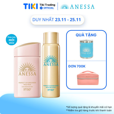 Bộ đôi Kem chống nắng dạng sữa dịu nhẹ cho da nhạy cảm và trẻ em + Kem chống nắng dạng xịt dưỡng da bảo vệ hoàn hảo (Anessa Mild Milk 60ml + Gold Spray 60g)