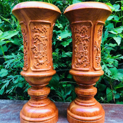 Cặp ống cắm nhan cắm hương bằng gỗ hương đá khắc tứ quý kt cao 30×11×9cm