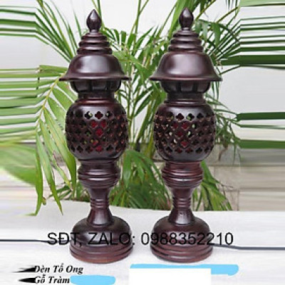 CẶP ĐÈN TỔ ONG GỖ TRÀM CAO 34CM MÀU ĐEN NÂU TRANG TRÍ BÀN THỜ