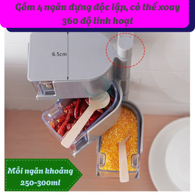 Hộp Gia Vị Treo Tường Xoay 360 Độ- Hộp Đựng Gia Vị Đa Năng Gắn Tường- Kệ Gia Vị Xoay Thông Minh 4 Ngăn- Hộp Đựng Thực Phẩm Mini Gắn Bếp- Hộp Đựng Gia Vị Dạng Kéo Gắn Đứng