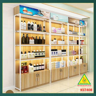 Kệ trưng bày sản phẩm, hàng hóa , kệ trang trí khung sắt mặt gỗ KST408 - Nội thất lắp ráp Viễn Đông Adv