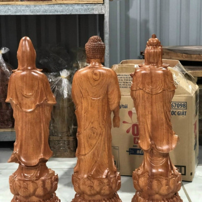Bộ  tượng phật tam thánh bằng gỗ hương đá kt cao 50×15×15cm