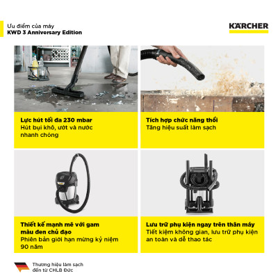 [BẢN KỶ NIỆM GIỚI HẠN] Máy hút bụi đa năng khô và ướt Karcher KWD 3 S Anniversary - Sản xuất châu Âu - Công suất 1000W - Hàng Chính Hãng