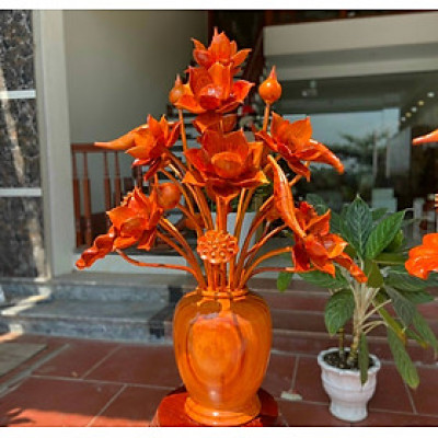 1 bình hoa sen 25 cành ,hoa lá ,gương , trang trí phòng khách ,phòng thờ bằng gỗ hương đỏ đẹp long lanh 