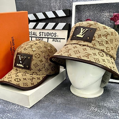 Combo nón cặp nam nữ logo LV sắt phối vải kaki form chuẩn thời trang đường phố cao cấp