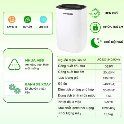 Máy hút ẩm Homebase dung tích 20L cho phòng từ 30-60m2 - Hàng chính hãng