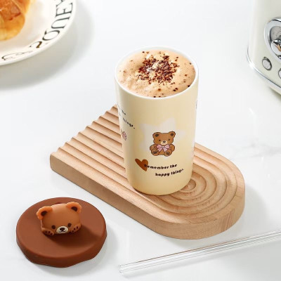 Ly gốm sứ dáng cao đầu gấu kèm nắp silicon dễ thương 420ml