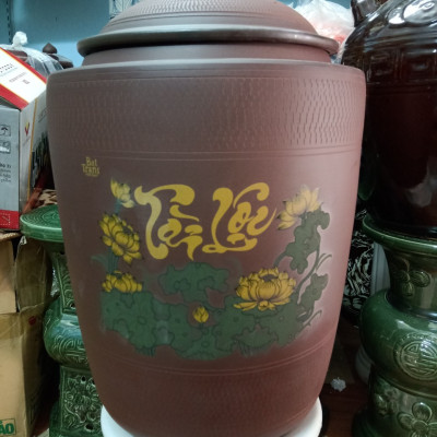 Hũ đựng gạo sành vẽ sen tài lộc gốm sứ Bát Tràng