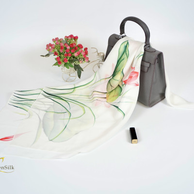 Khăn Lụa Vẽ Hoa Sen - SenSilk - Quà Tặng Khách Nước Ngoài, Quốc Hoa Việt Nam, Phụ Kiện Thời Trang Nữ Cao Cấp, Silk Painting Scarf, Water Marbling, Khăn Dệt Làng Nghề Truyền Thống. 