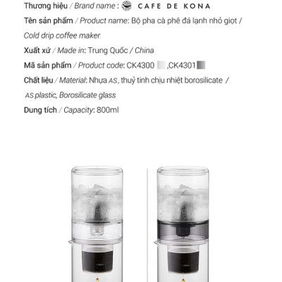 Bộ pha cà phê đá lạnh Cold Drip hình trụ 800ml CAFE DE KONA