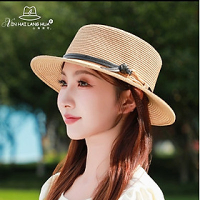 Nón vành nhỏ fedora chất liệu cói mũ rộng vành đi biển phối đai da thời trang Hàn Quốc dón24080501