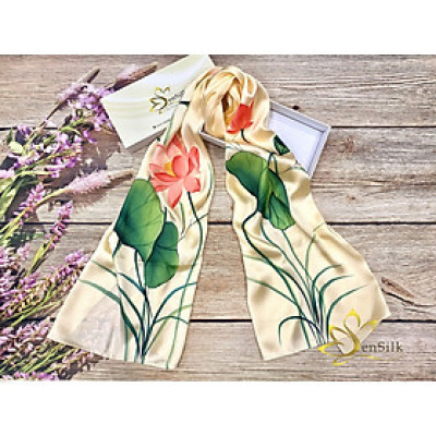 Khăn Lụa Vẽ Tay SenSilk Limited - Mẫu Hoa Sen (Nude - Hồng - Xanh), Quà Tặng Đẳng Cấp Silk Painting 180x55cm, Lụa Tơ Tằm Bảo Lộc Cao Cấp