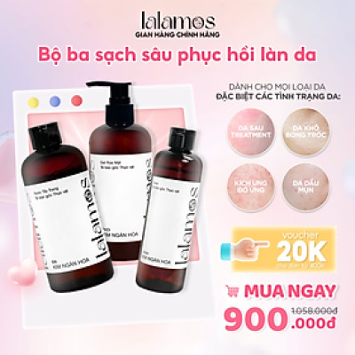 Combo sạch sâu Lalamos Nước tẩy trang 280ml + Sữa rửa mặt 280ml + Toner Kim Ngân Hoa 250ml