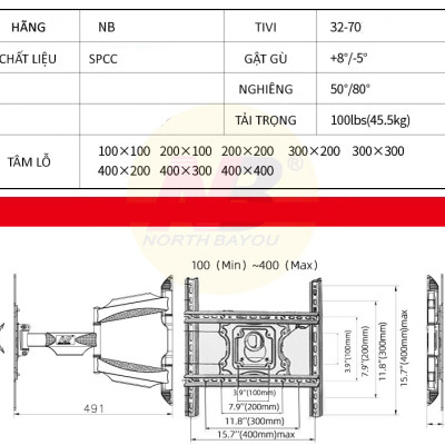 Giá Treo Tivi Góc Xoay Nhập Khẩu North Bayou P5 (32-60inch)