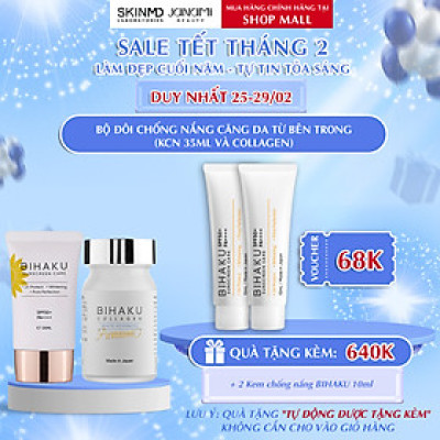 Bộ đôi chống nắng dưỡng trắng da PREMIUM COLLAGEN hộp 30v và BIHAKU SUNSCREEN CARE SPF50+ PA++++ tuýp 35ml giúp hạn chế vấn đề cháy nắng và dưỡng trắng chống lão hóa