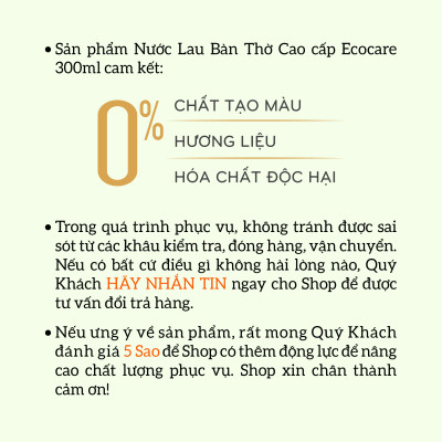 Nước Lau Bàn Thờ Cao cấp Ecocare 300ml kết hợp giữa Trầm Hương và Quế giúp tẩy uế, mang lại vượng khí