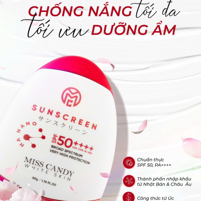 Kem Chống Nắng Song Kháng Nhật Bản MISS CANDY SUNSCREEN HA NANO SPF 50,PA ++++ 50g, Chống Nước, Chống UVA/UVB, Chống Ánh Sáng Xanh & Tia Hồng Ngoại,Bảo Vệ Da Lên Đến 8 Tiếng - PHỤNG BEAUTY