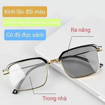 Kính  đọc sách đổi màu khi nắng phom vuông phù hợp cho nam và nữ độ từ 1.0-4.0 độ