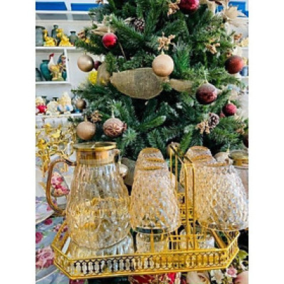 Bộ bình thủy tinh đựng nước uống mắt na 6 cốc kèm khay màu vàng sang trọng