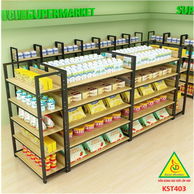 Kệ trưng bày sản phẩm, hàng hóa , kệ trang trí khung sắt mặt gỗ KST403 - Nội thất lắp ráp Viễn Đông Adv